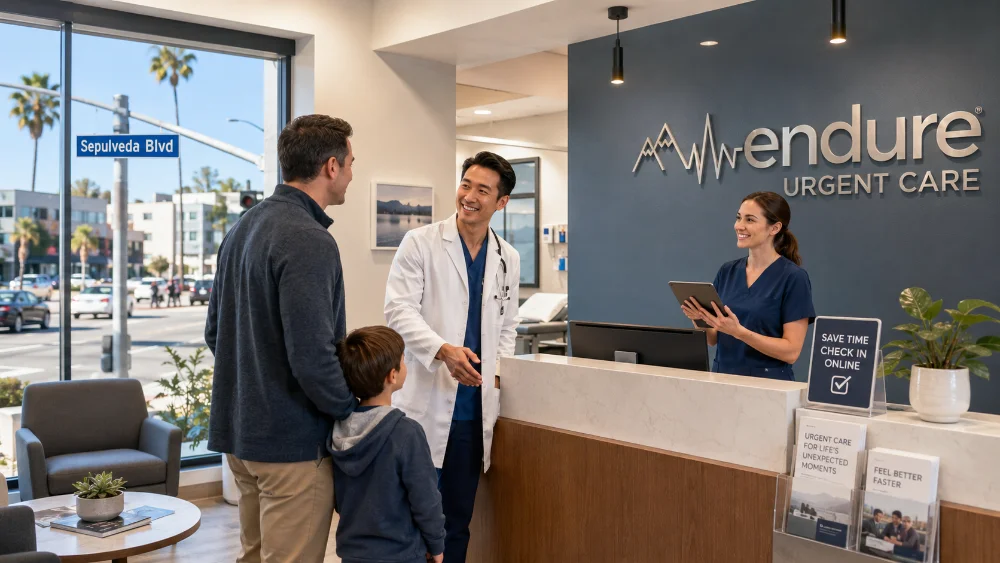 Urgent Care Services in Culver City with a provider welcoming a parent and child at Endure Urgent Care on Sepulveda Boulevard.